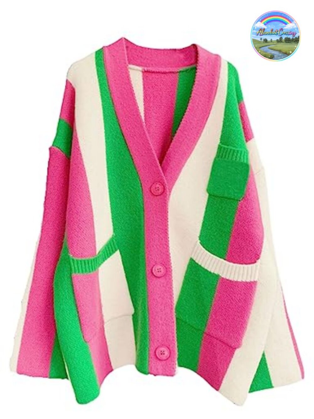 Oversized Long Sleeve Rainbow Stripe Cardigan Sweater - Chunky Knit Button Down